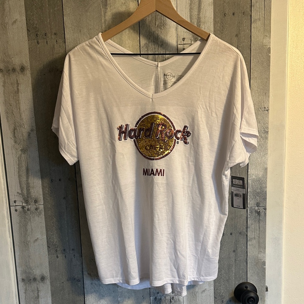 Hard Rock Cafe White Tee with Gold and Purple Logo MIAMI